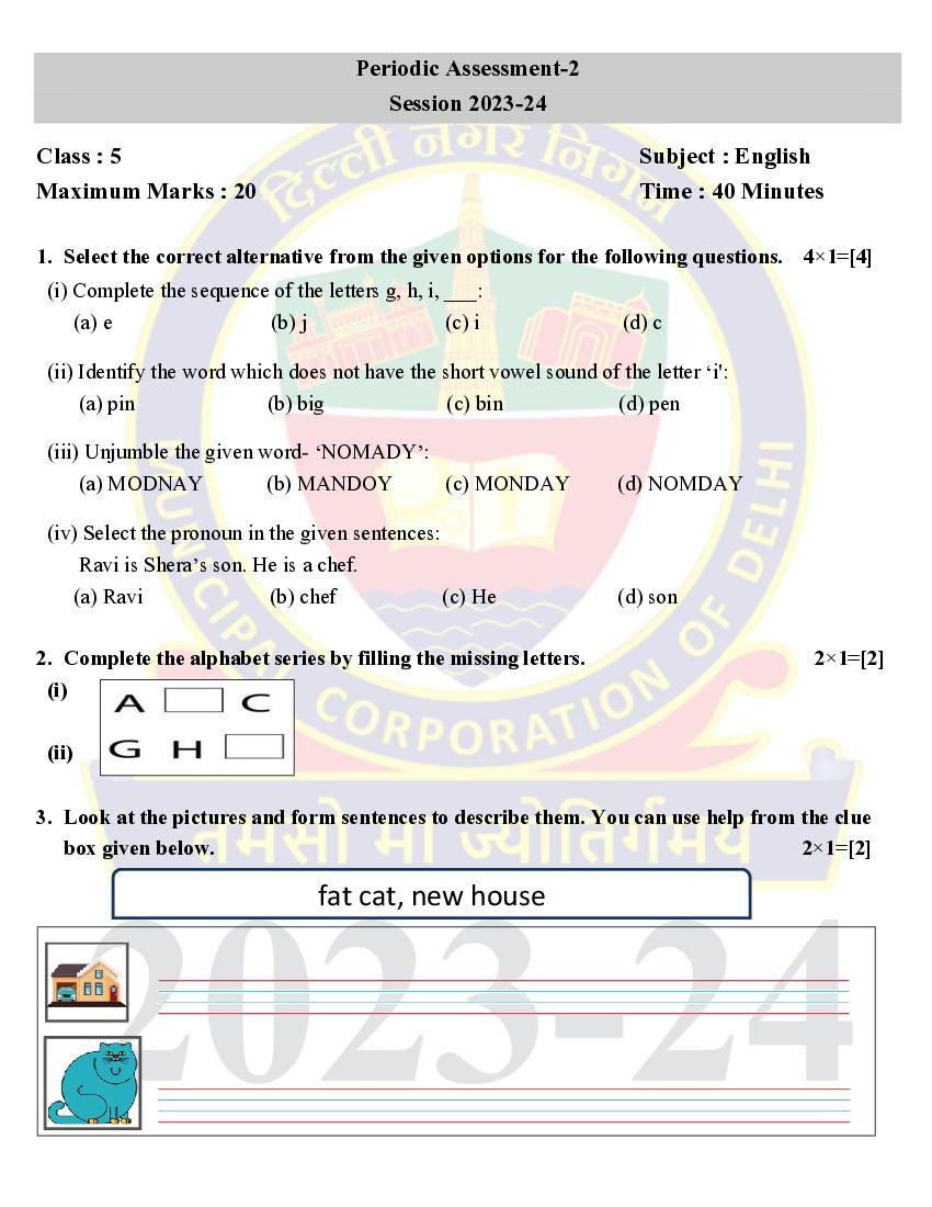 Delhi Class 5 Periodic Test Question Paper 2023-24 English - Page 1 of 2