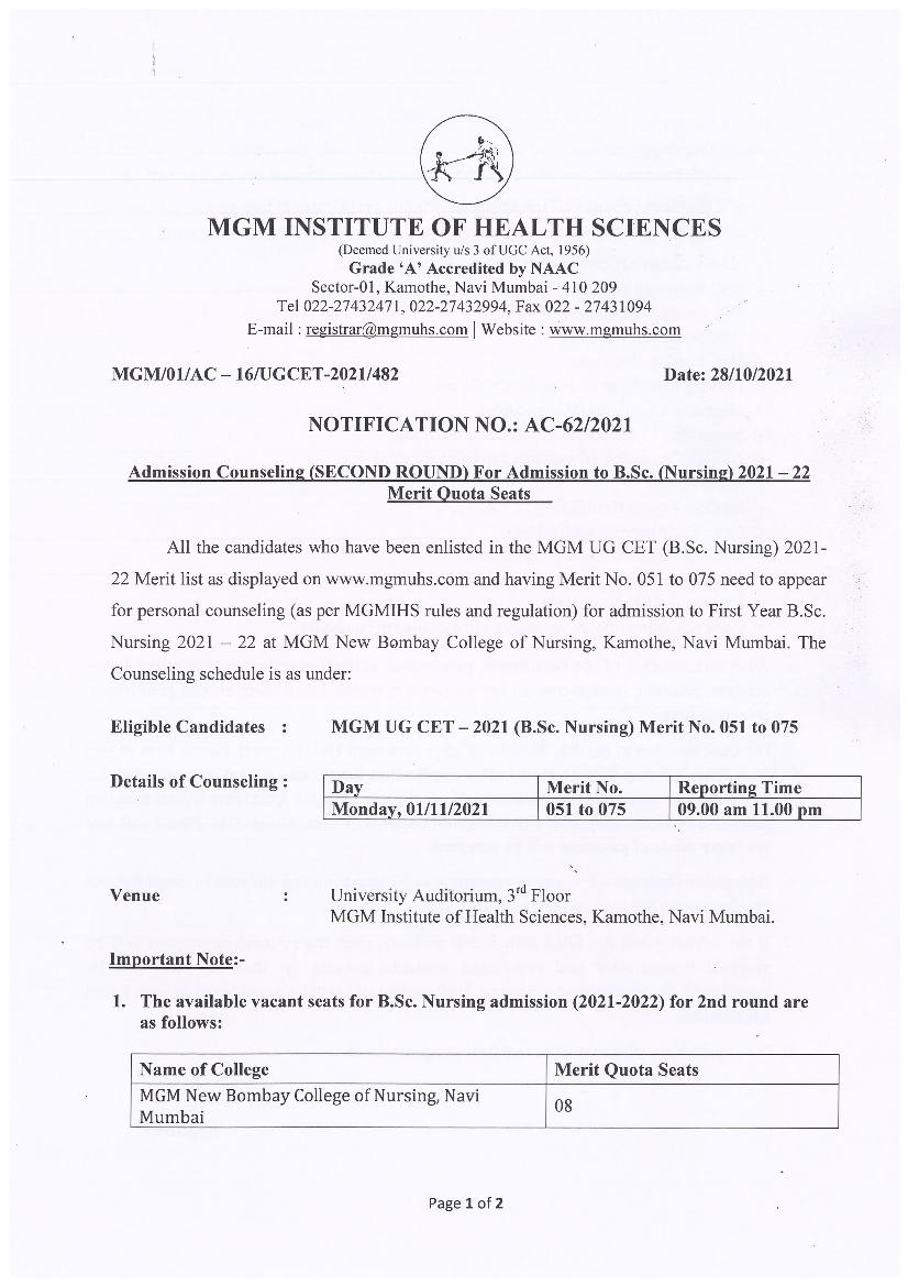 MGM CET 2021 Admission Counselling For B Sc Nursing