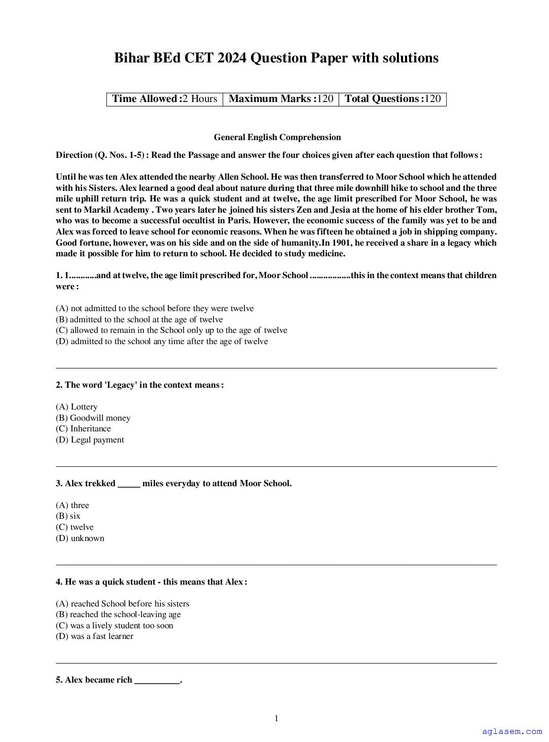 Bihar B.Ed CET 2024 Question Paper - Page 1 of 20
