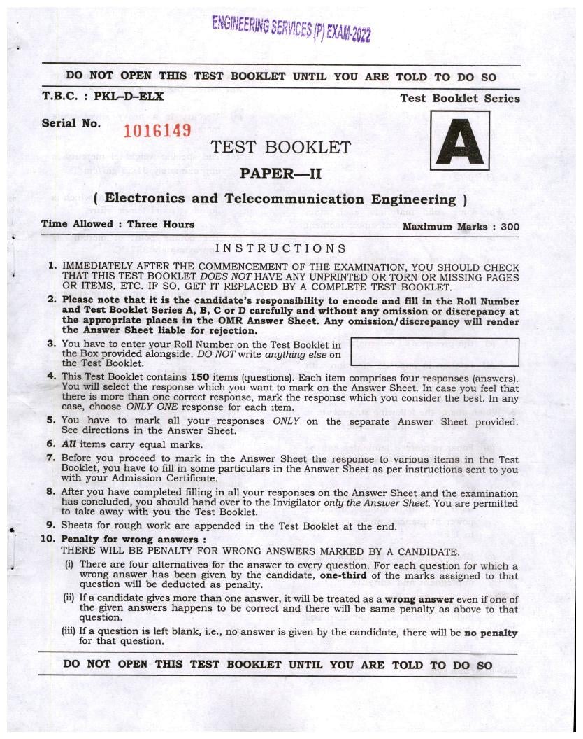 UPSC IES 2022 (Prelims) Question Paper for Electronics and Telecommunication Engineering - Page 1