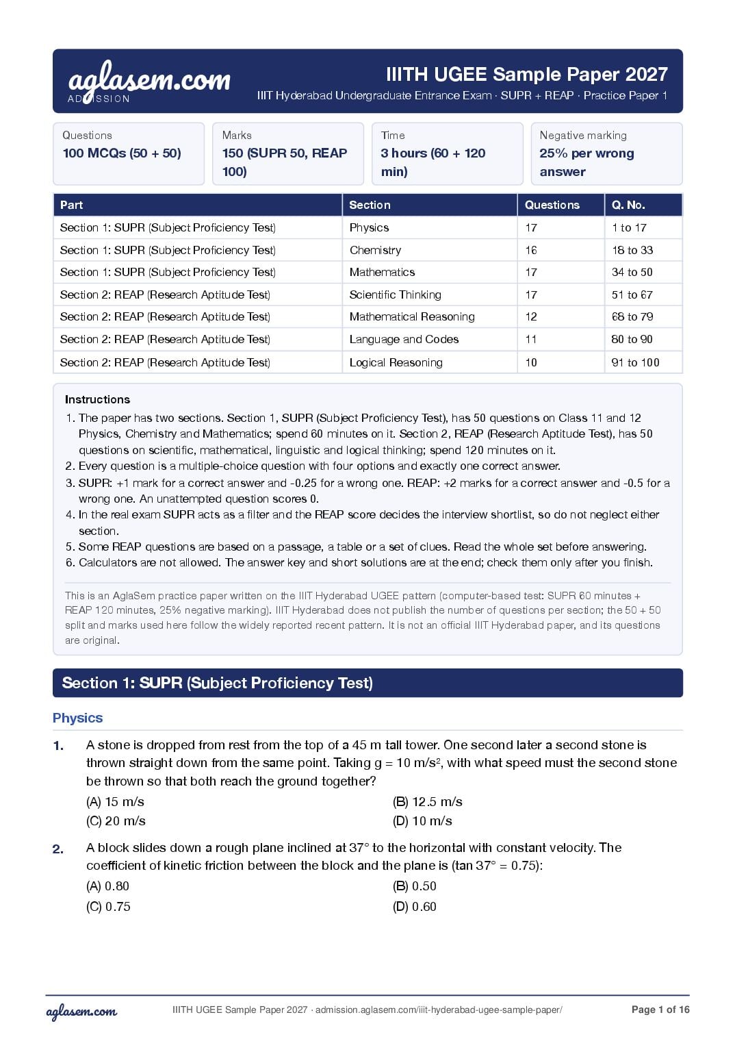 IIIT Hyderabad UGEE 2027 Sample Paper - Page 1 of 16