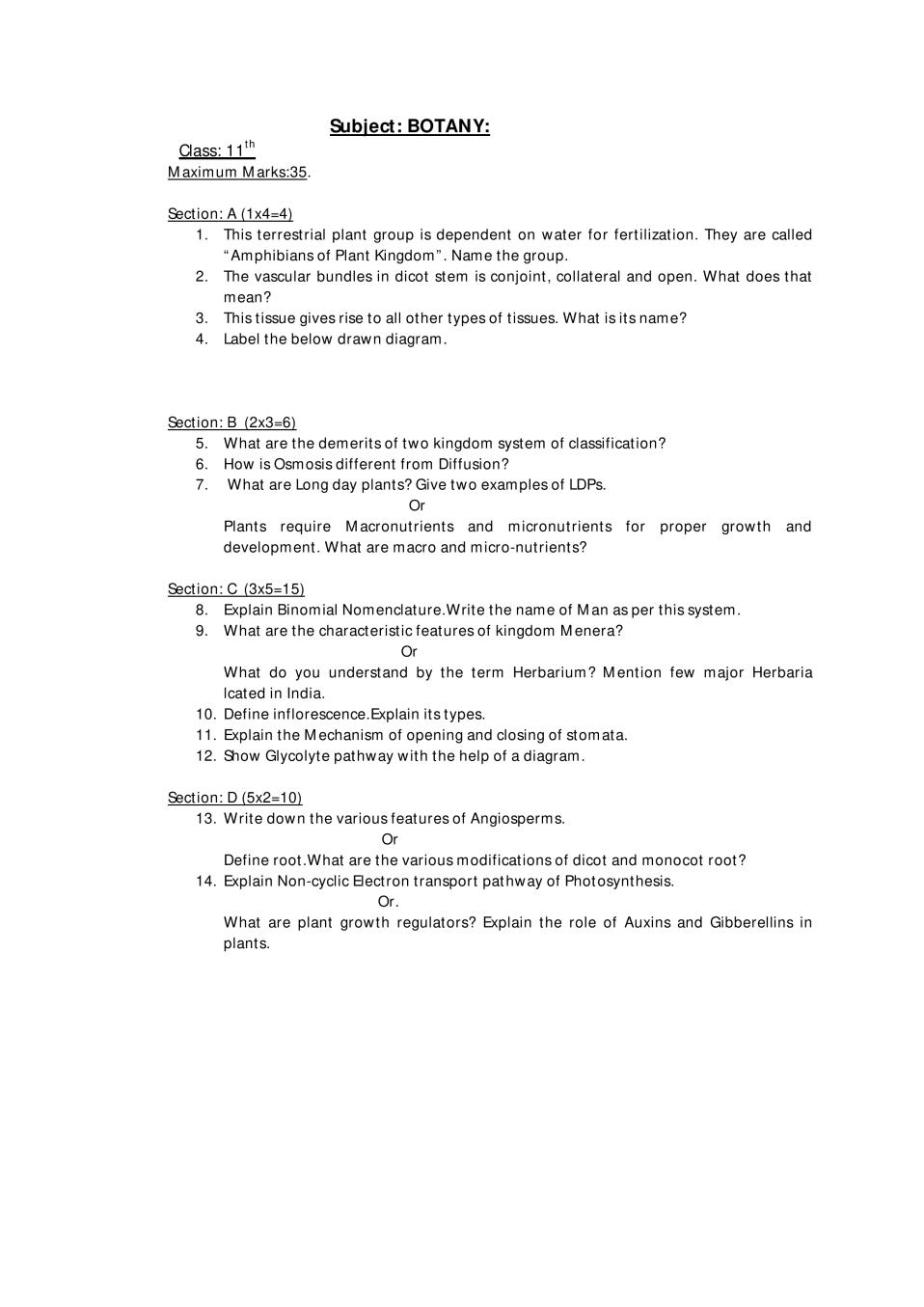 JKBOSE 11th Model Paper Botany - Page 1