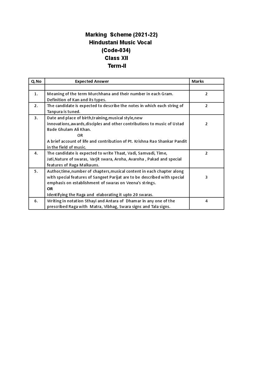 CBSE Class 12 Marking Scheme 2022 for Hindustani Vocal Term 2 - Page 1