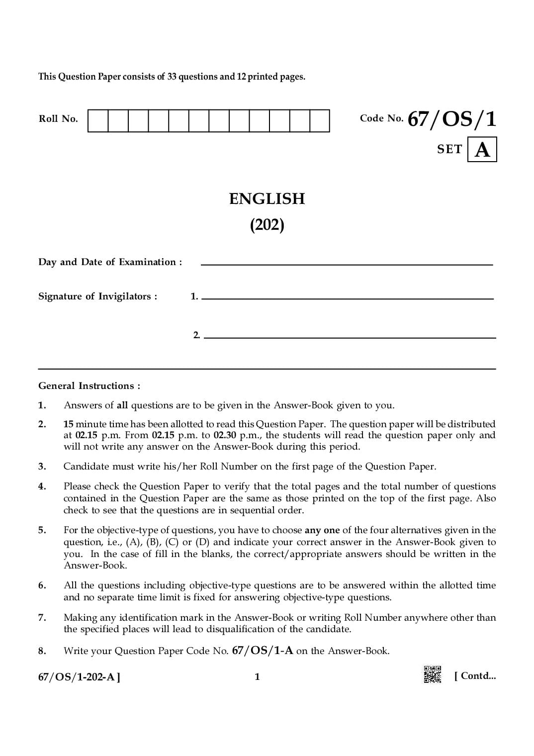 NIOS Class 10 April 2024 Question Paper English - Page 1 of 12