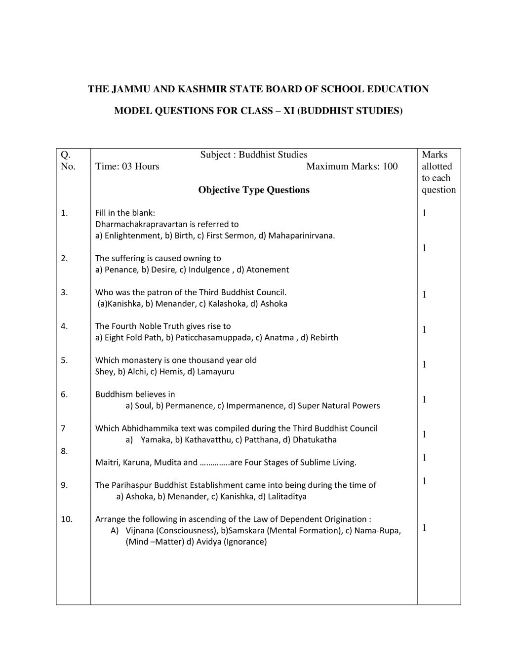 JKBOSE 11th Model Paper Buddhist Studies - Page 1