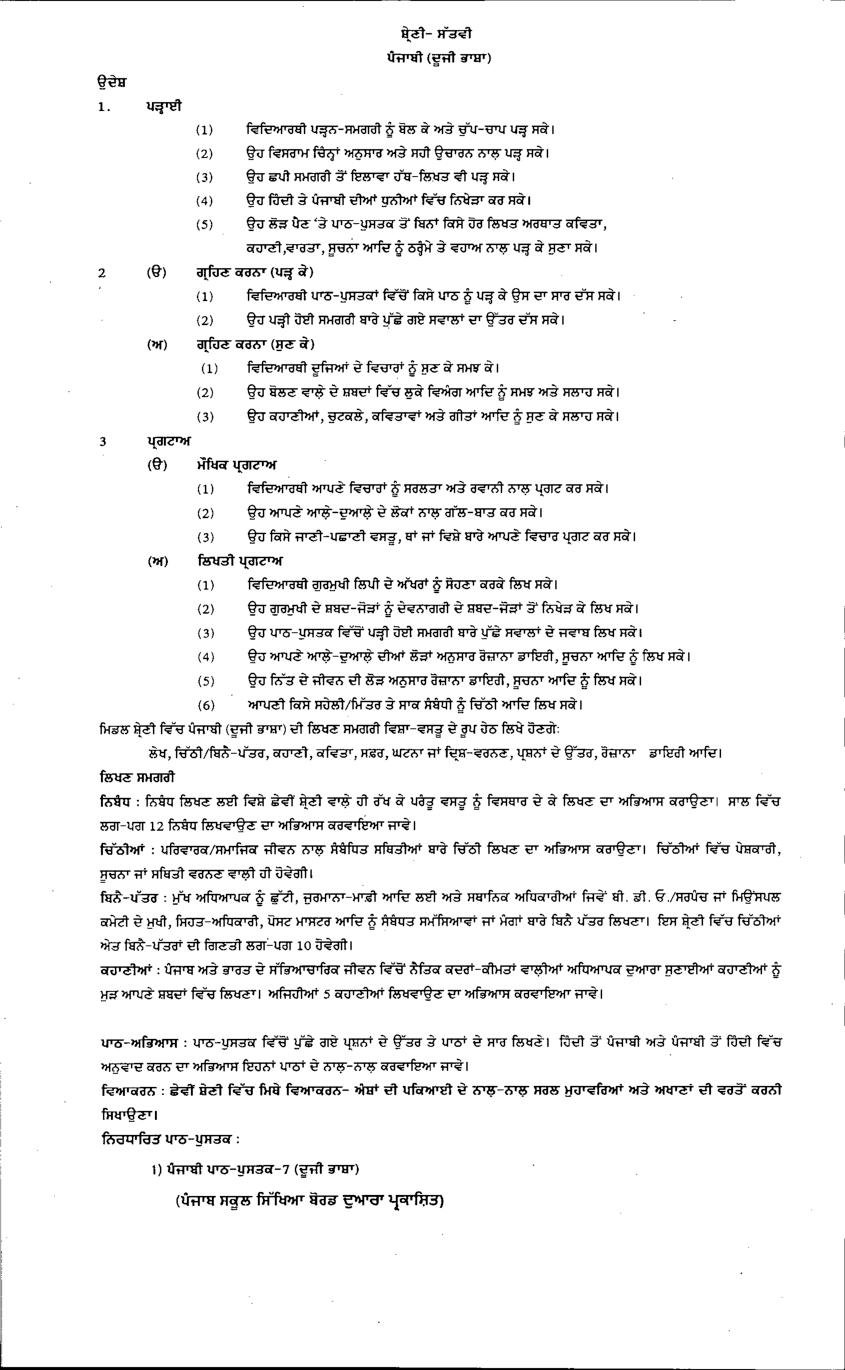 PSEB 7th Class Syllabus 2023 Punjabi 2nd language - Page 1