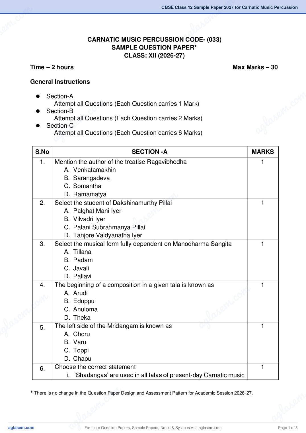 CBSE Class 12 Sample Paper 2027 for Carnatic Music Percussion - Page 1 of 3
