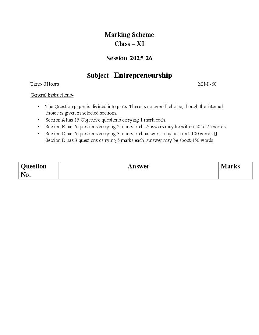 HBSE Class 11 Sample Paper 2026 Answers Entrepreneurship - Page 1