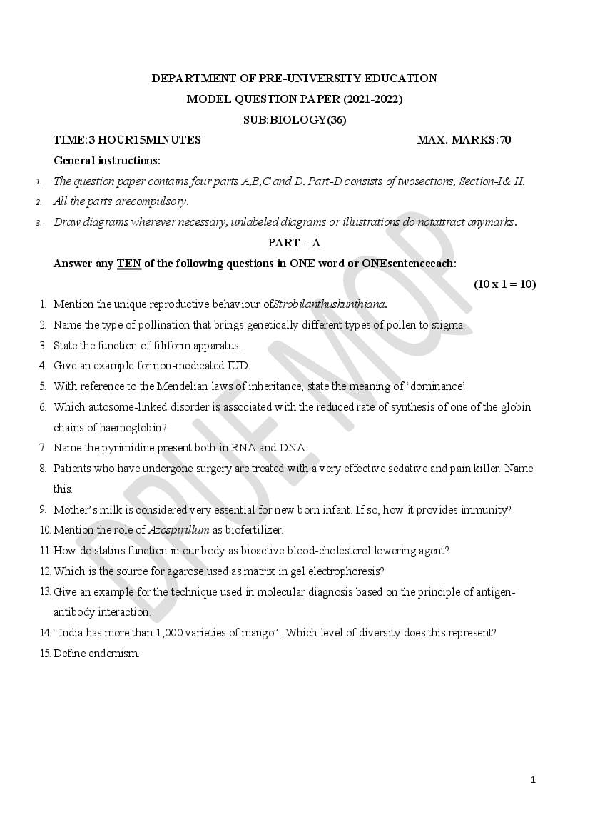 Karnataka 2nd PUC Model Question Paper 2022 for Biology (English Medium) - Page 1