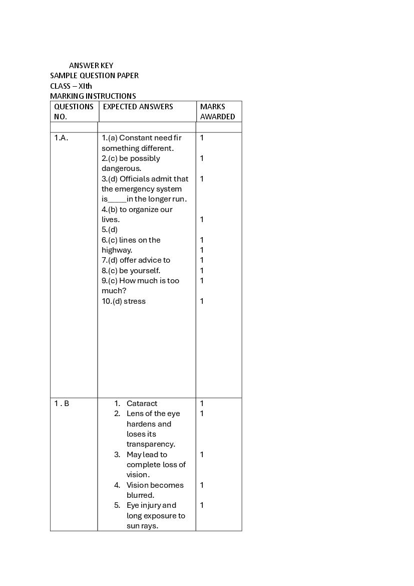 HBSE Class 11 Sample Paper 2026 Answers English Special - Page 1