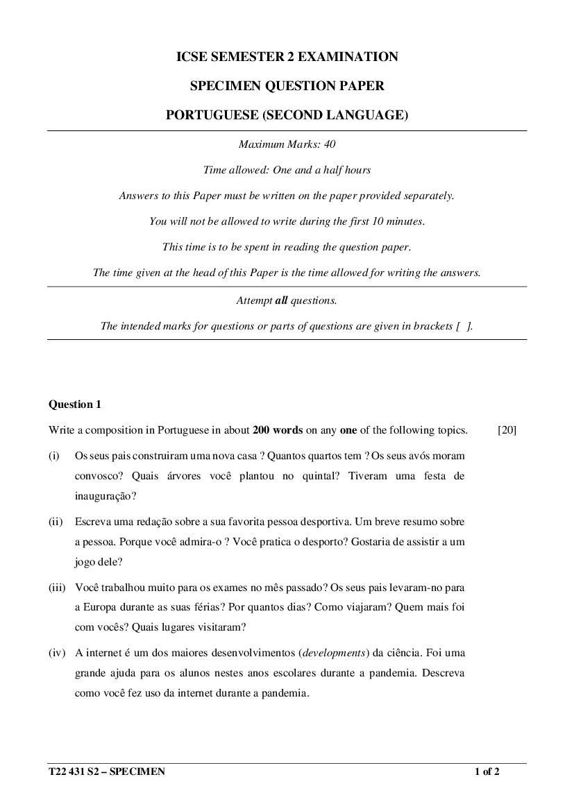 ICSE Class 10 Specimen Paper 2022 Portuguese Semester 2 - Page 1