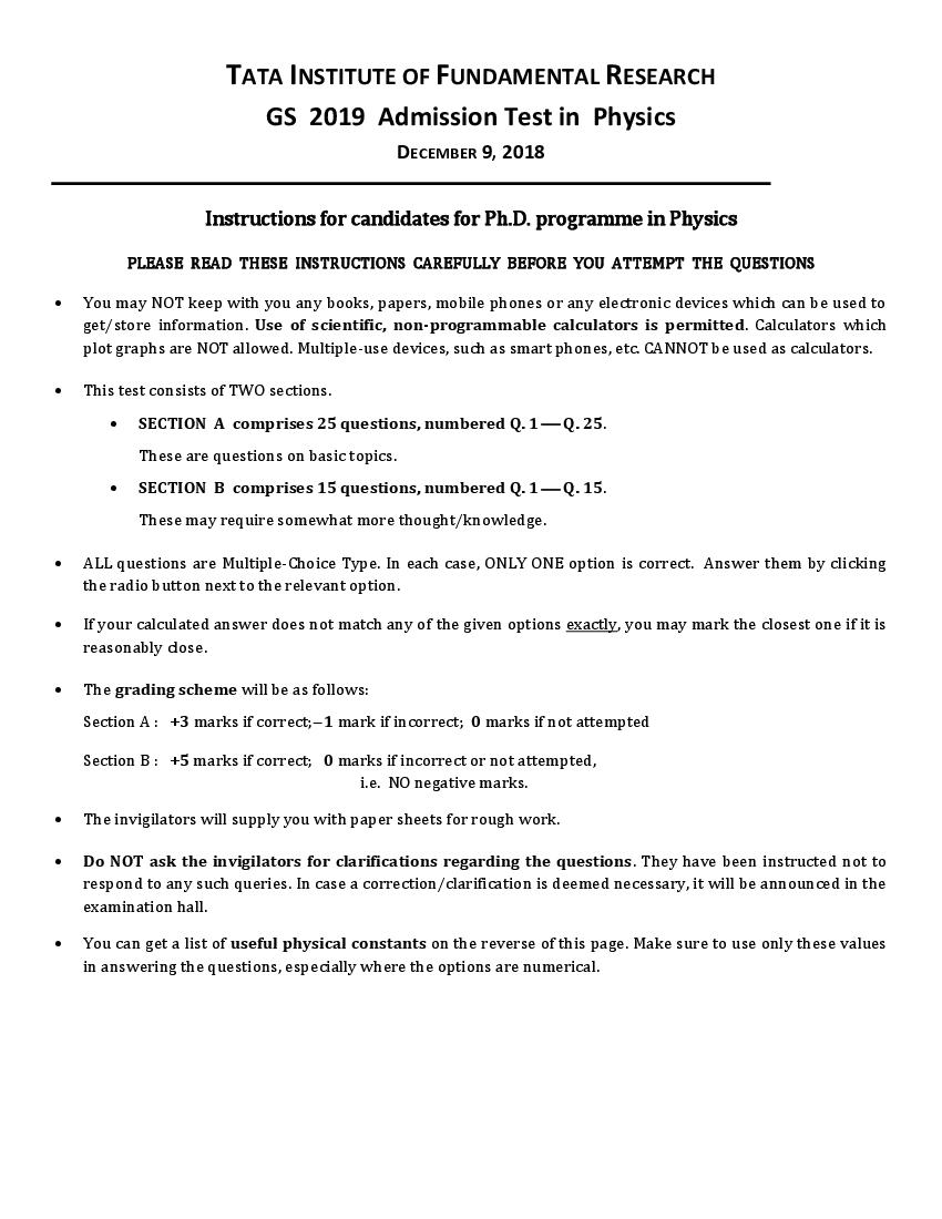 TIFR GS 2019 Question Paper Physics Science PHD - Page 1 of 17
