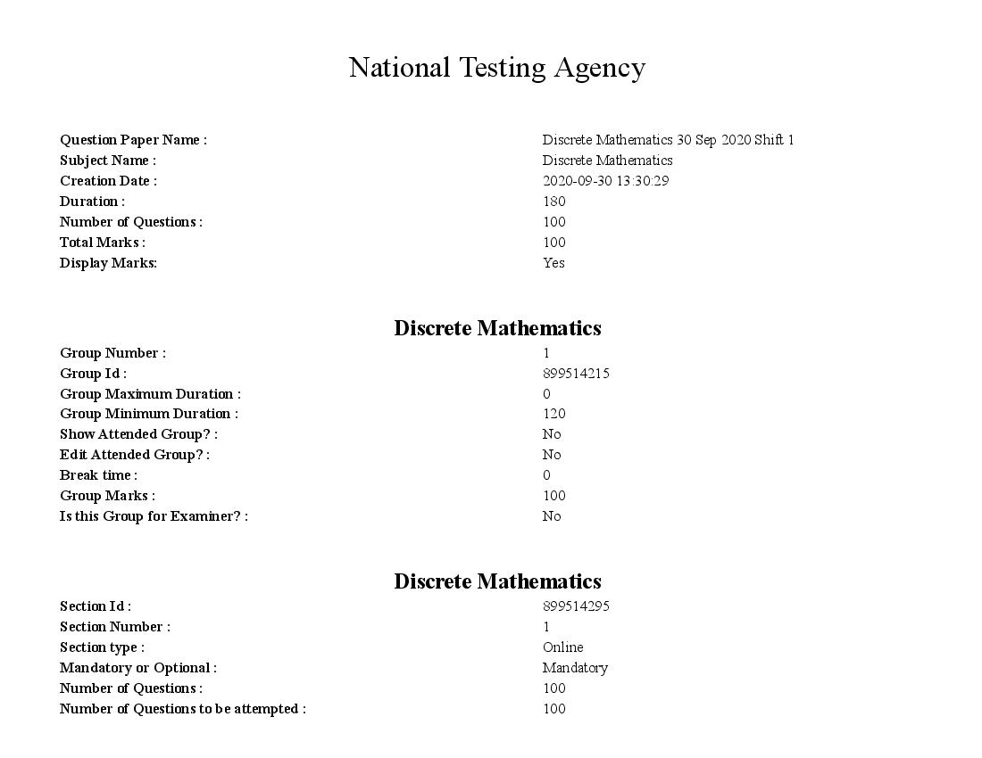 SWAYAM 2020 Question Paper Discrete Mathematics - Page 1
