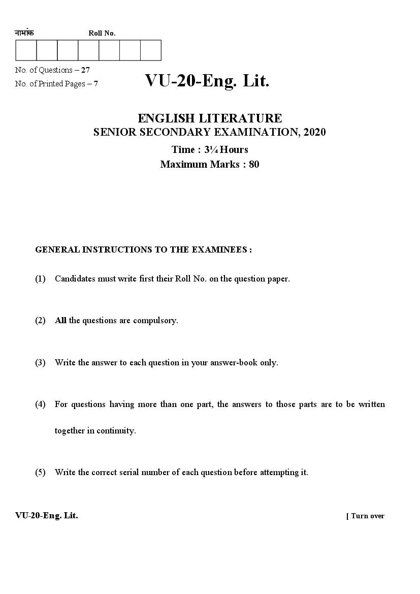 Rajasthan Board Varishtha Upadhyaya Question Paper 2020 English Literature - Page 1
