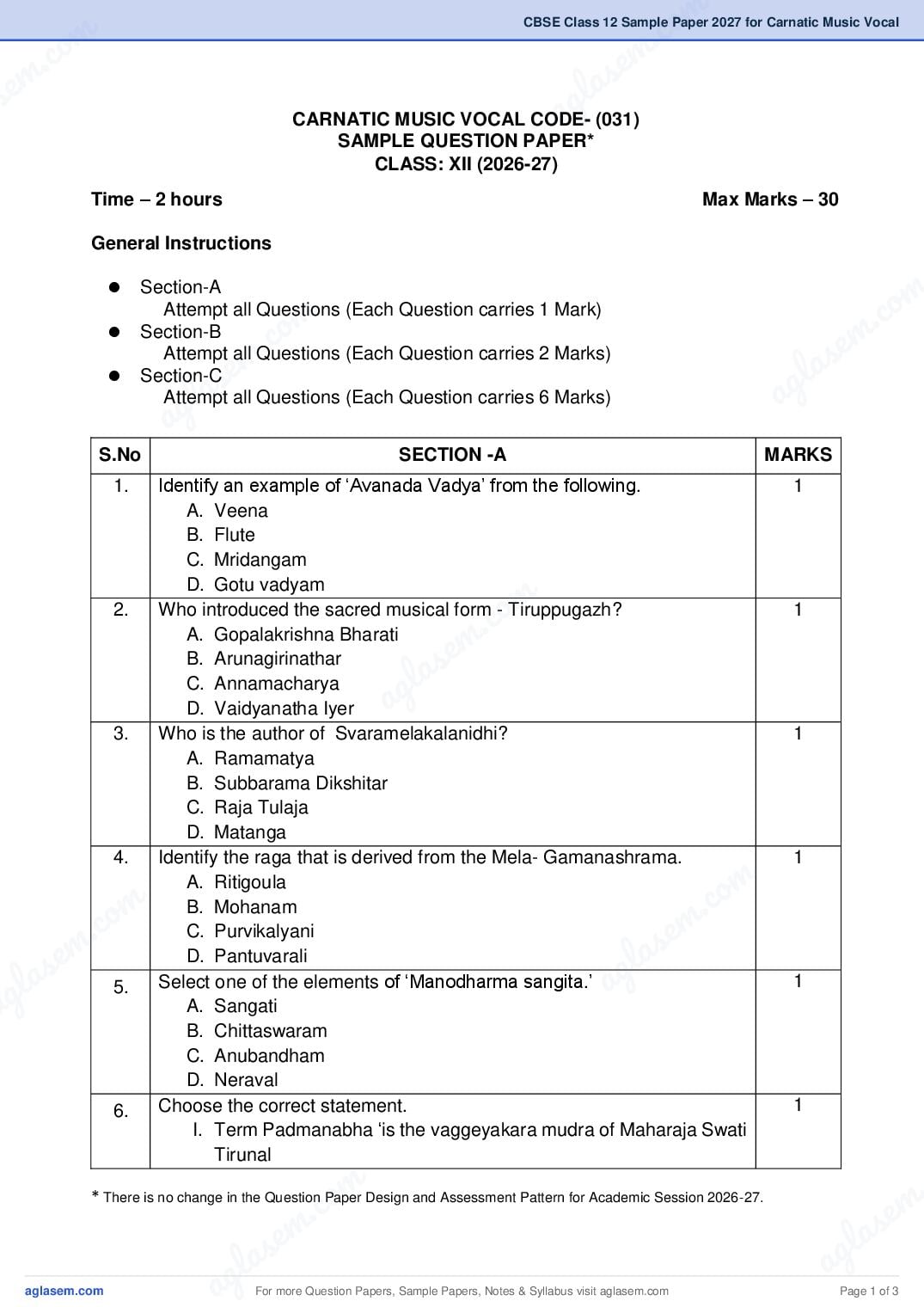 CBSE Class 12 Sample Paper 2027 for Carnatic Music Vocal - Page 1 of 3