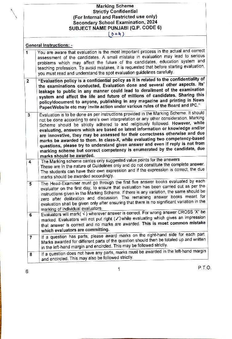 CBSE Class 10 Question Paper 2024 Solution Punjabi - Page 1