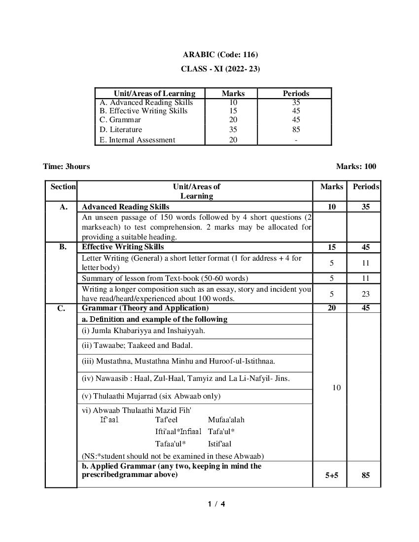 CBSE Class 11 Syllabus 2022-23 Arabic - Page 1 of 2