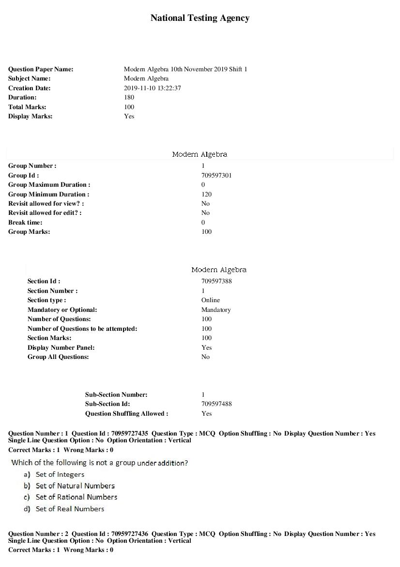 SWAYAM 2019 Question Paper Modern Algebra - Page 1 of 21