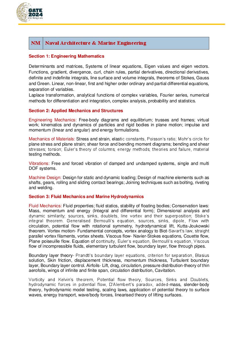 GATE 2024 Syllabus for Naval Architecture & Marine Engineering - Page 1