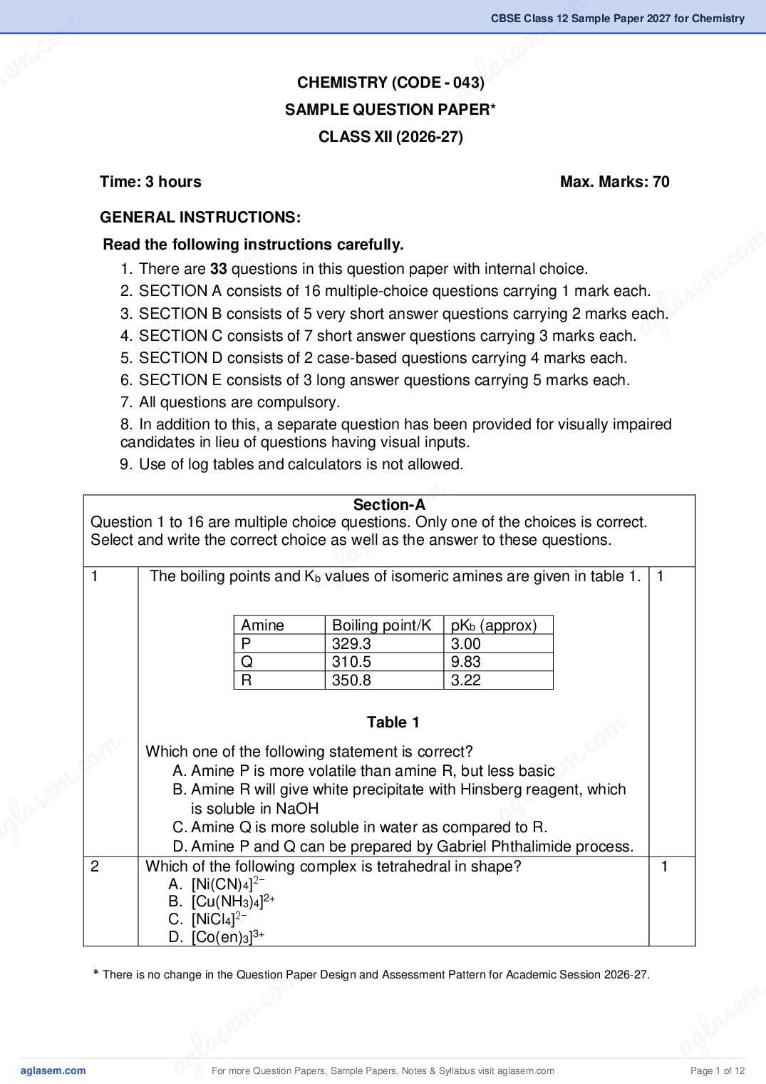 CBSE Class 12 Sample Paper 2027 for Chemistry - Page 1 of 12