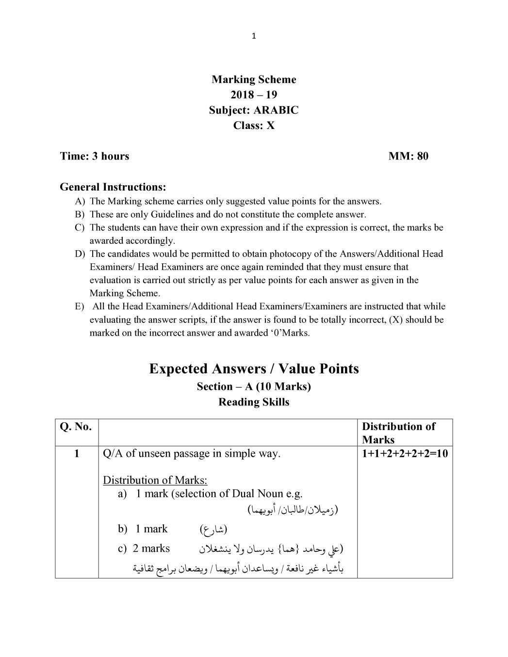 CBSE Class 10 Arabic Question Paper 2019 Solutions - Page 1