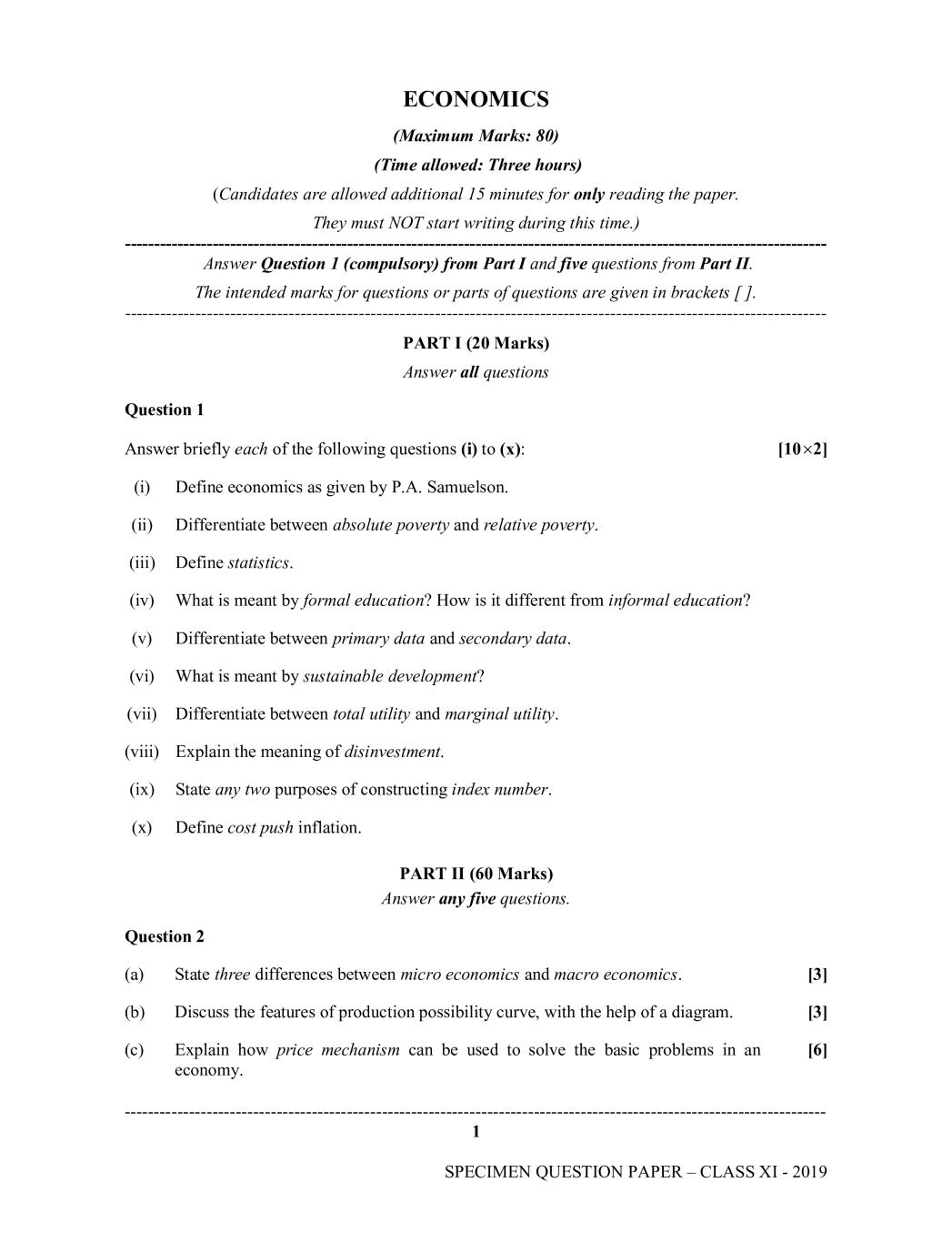 ISC Class 11 Specimen Paper for Economics - Page 1