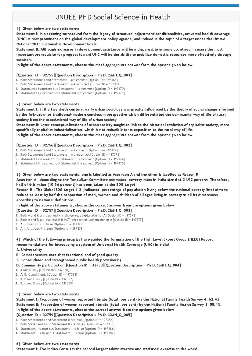 JNUEE 2021 Question Paper Ph.D Social Science in Health - Page 1