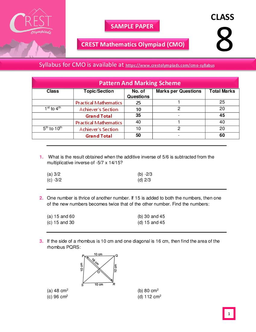 CREST Mathematics Olympiad (CMO) Class 8 Sample Paper - Page 1