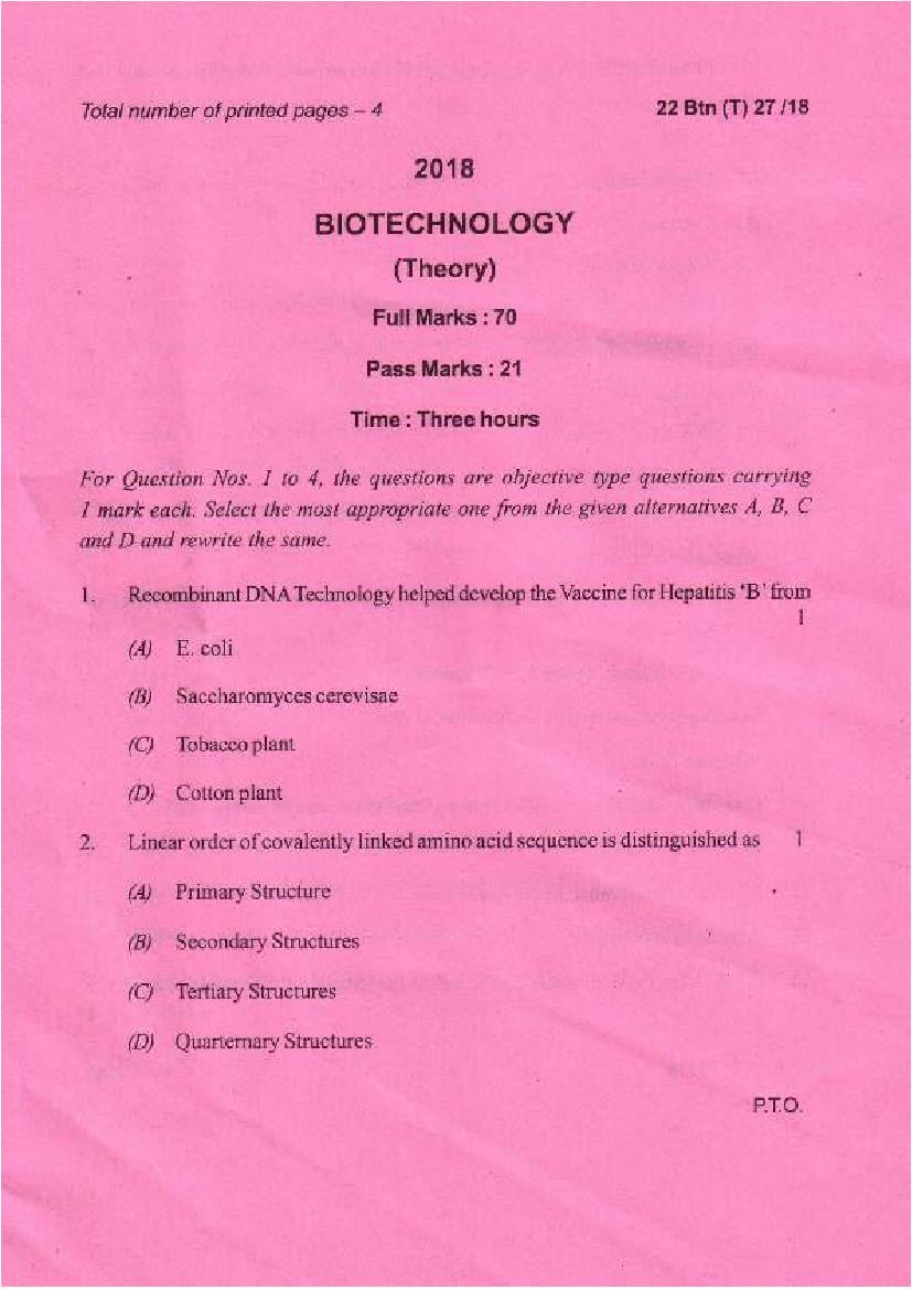 Manipur Board Class 12 Question Paper 2018 for Biotechnology - Page 1