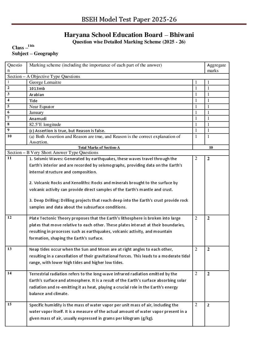 HBSE Class 11 Sample Paper 2026 Answers Geography - Page 1