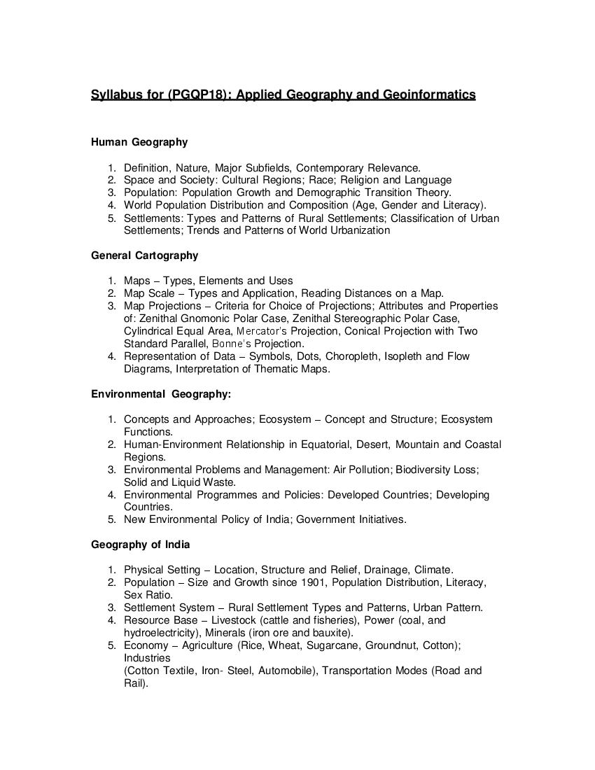 CUET PG 2022 Syllabus PGQP18 Applied Geography and Geoinformatic - Page 1