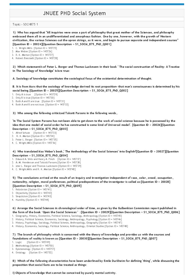 JNUEE 2021 Question Paper Ph.D Social System - Page 1
