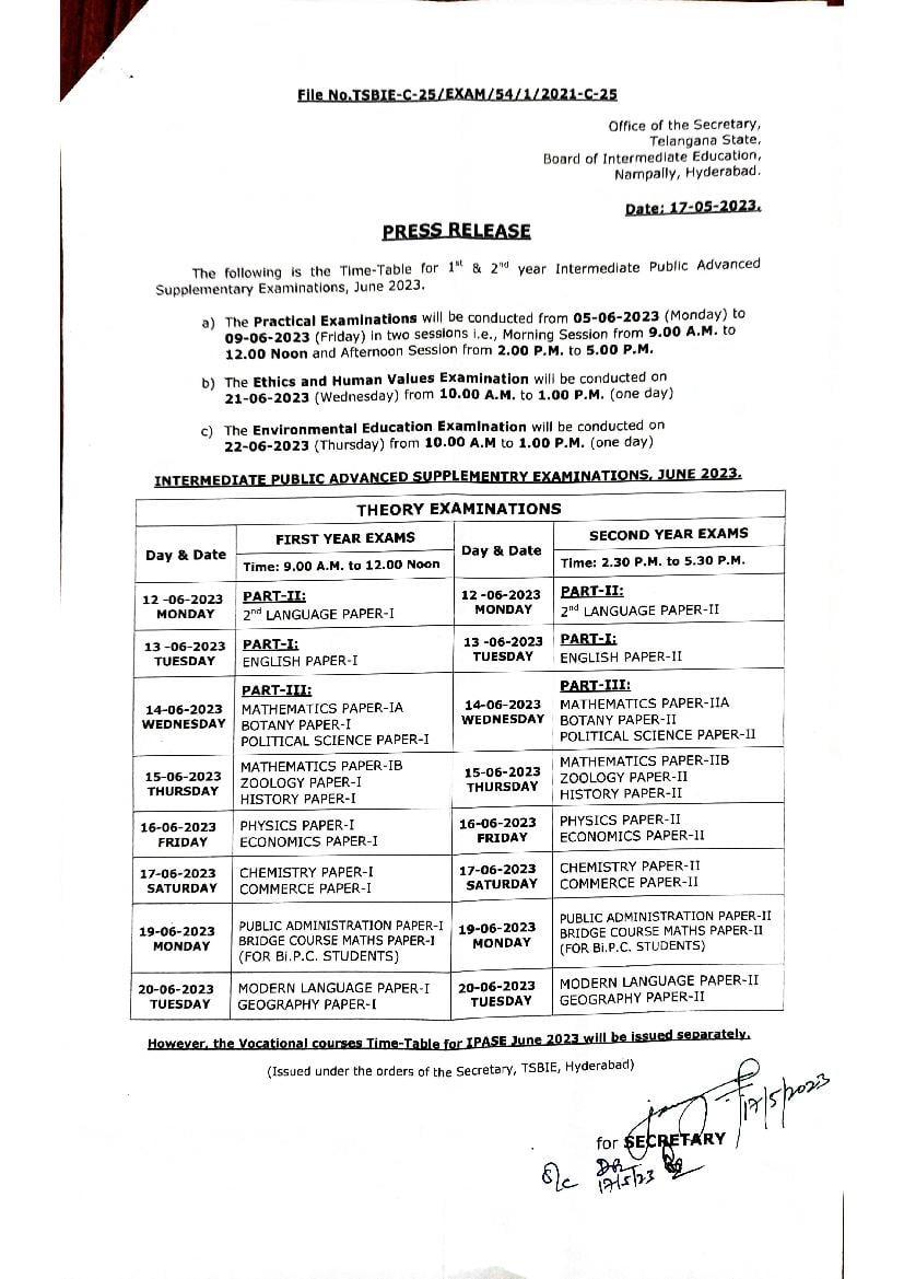 TS Inter 1st Year Supplementary Exam Time Table 2023 - Page 1