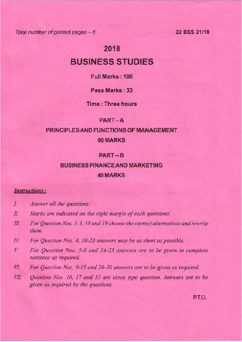 Manipur Board Class 12 Question Paper 2018 for Business Studies - Page 1