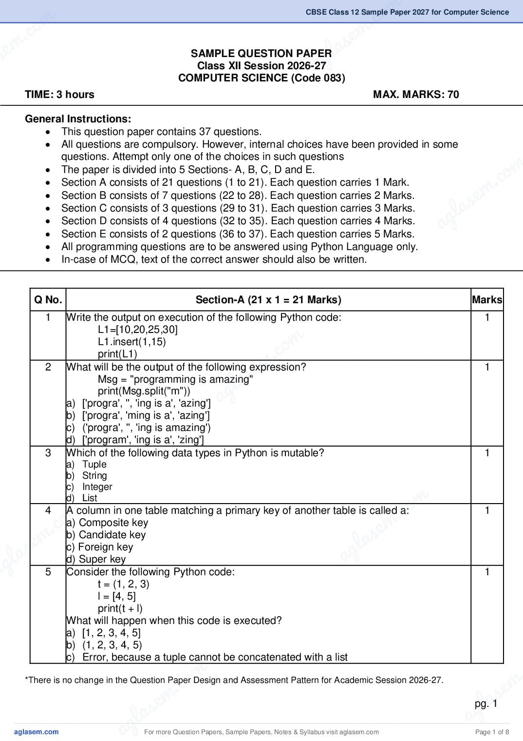 CBSE Class 12 Sample Paper 2027 for Computer Science - Page 1 of 8