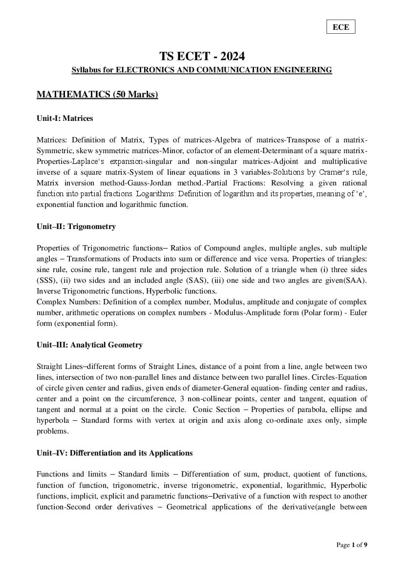 TS ECET 2024 Syllabus Electronics and Communication Engineering