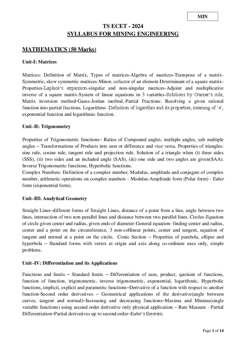 TS ECET 2024 Syllabus Mining Engineering - Page 1