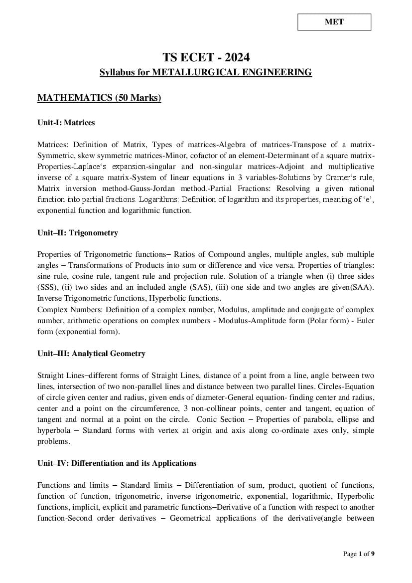 TS ECET 2024 Syllabus Metallurgical Engineering - Page 1