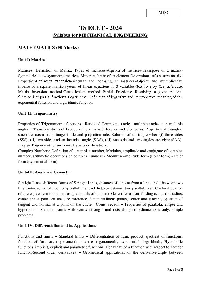 TS ECET 2024 Syllabus Mechanical Engineering