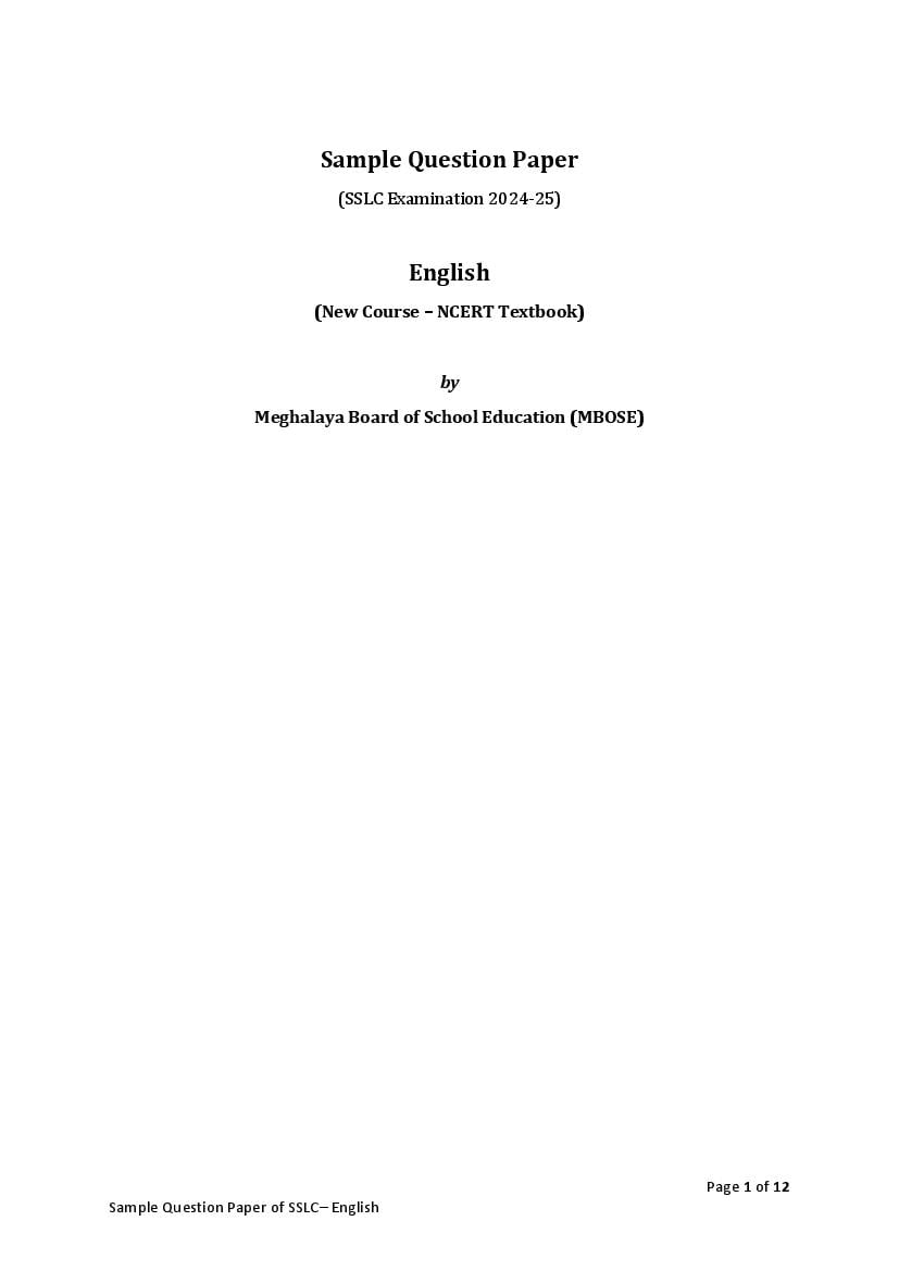 MBOSE Class 10 Sample Question Paper 2025 English - Page 1