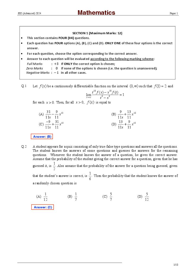 JEE Advanced 2024 Paper 1 Answer Key - Page 1
