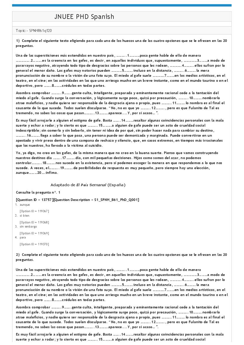 JNUEE 2021 Question Paper Ph.D Spanish - Page 1