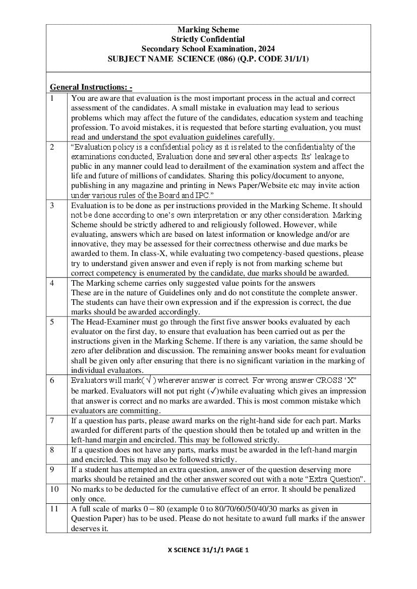 CBSE Class 10 Question Paper 2024 Solution Science - Page 1