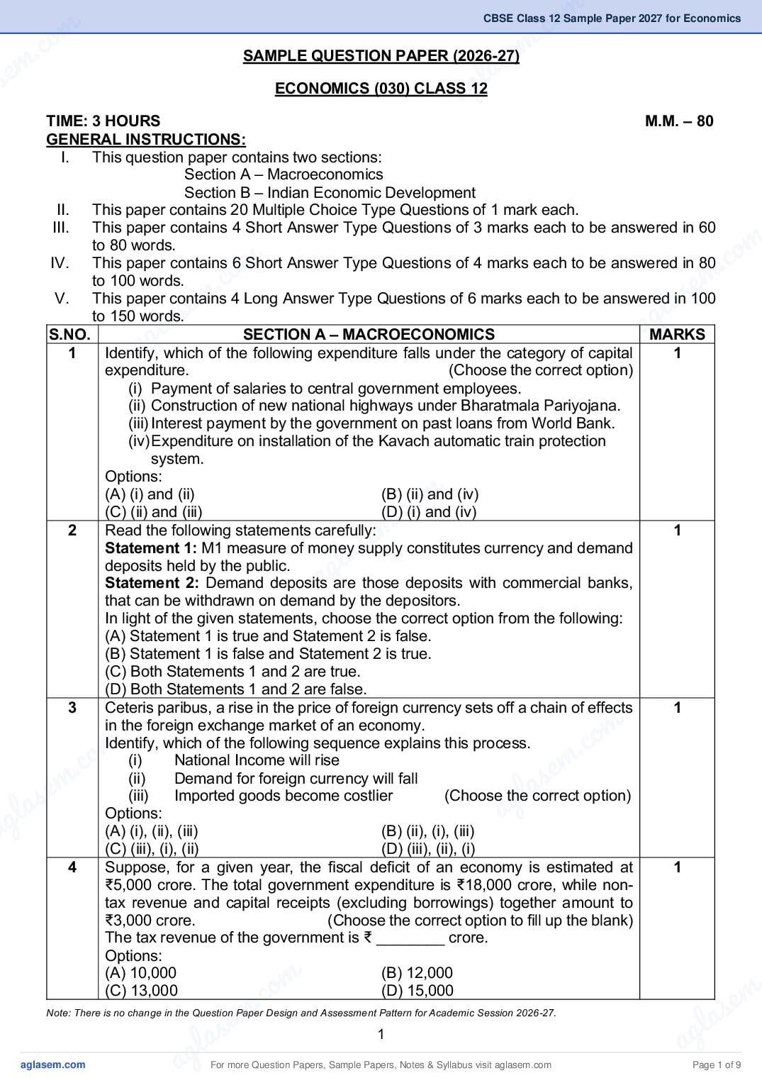 CBSE Class 12 Sample Paper 2027 for Economics - Page 1 of 9