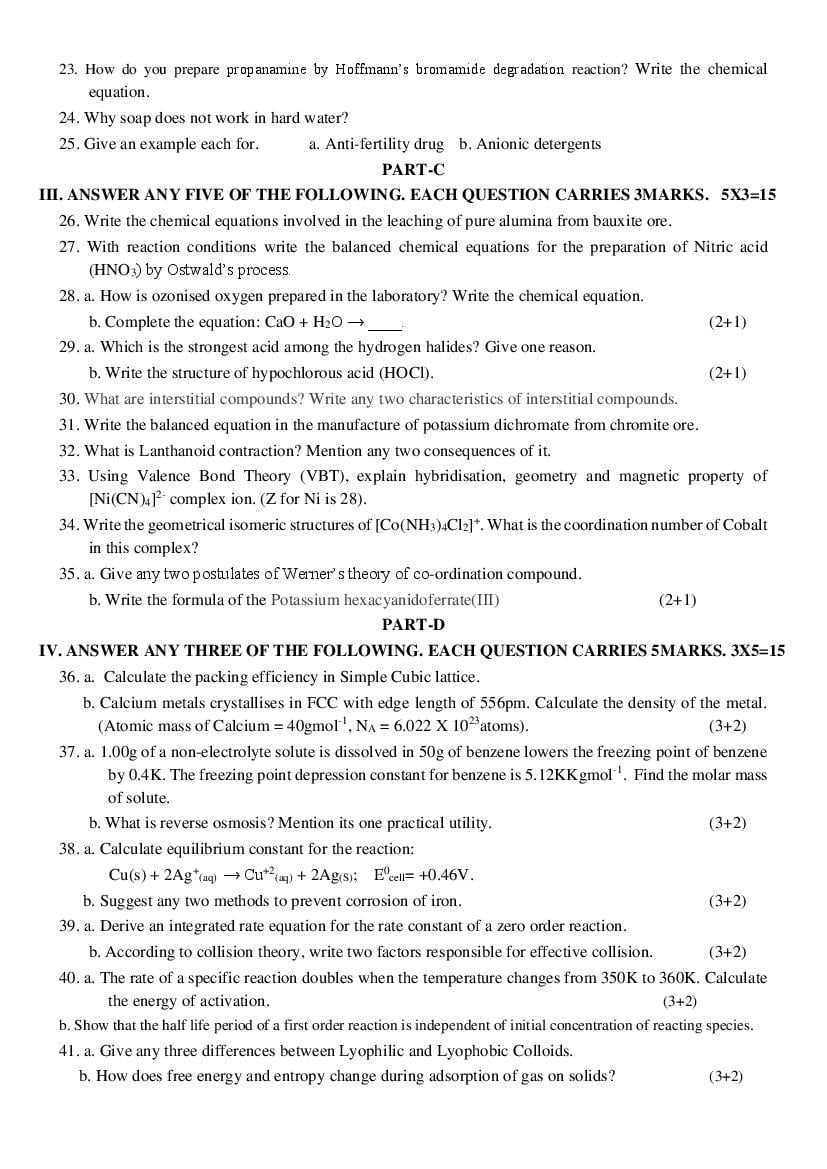 Karnataka 2nd PUC Model Question Paper for Chemistry 2022