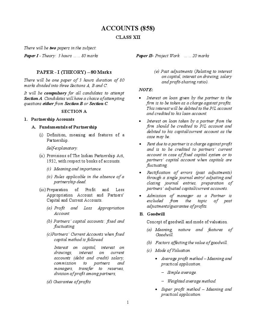 ISC Class 12 Syllabus 2023 Accounts (Revised) - Page 1