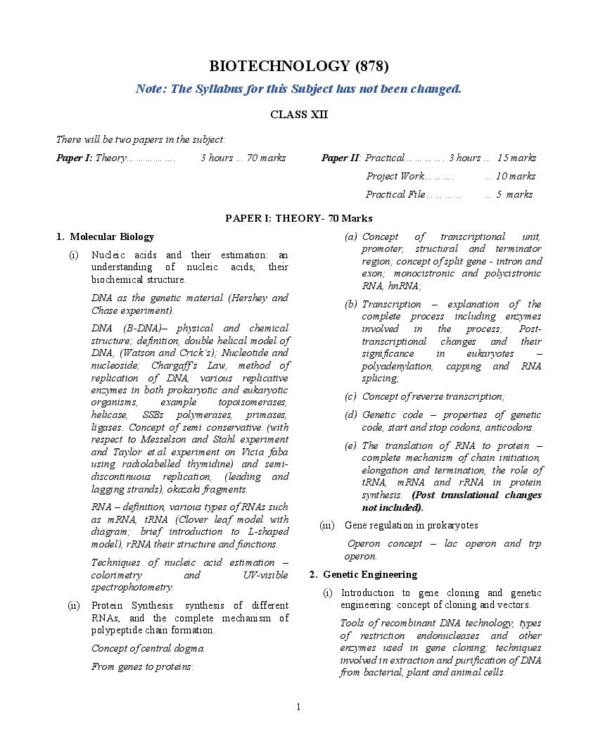 ISC Class 12 Syllabus 2023 Biotechnology (Revised) - Page 1