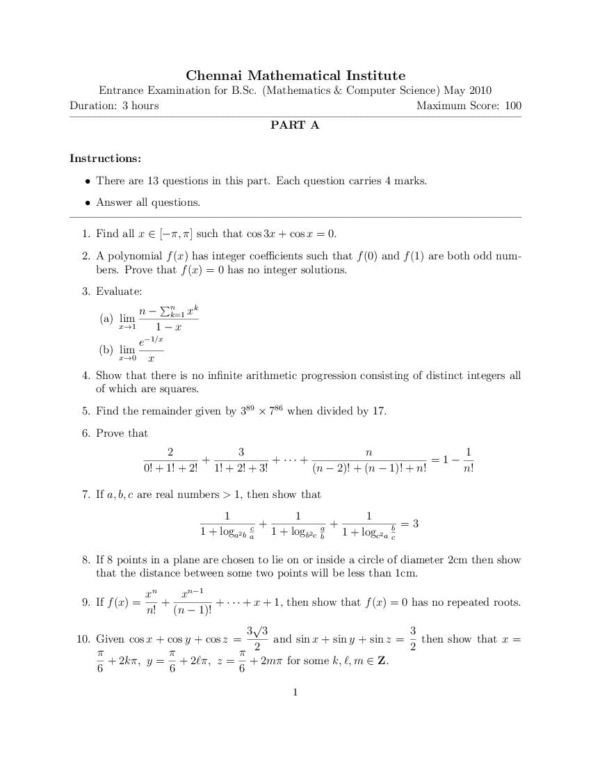 CMI Entrance Exam 2010 Question Paper for B.Sc (Hons.) Mathematics and Computer Science - Page 1