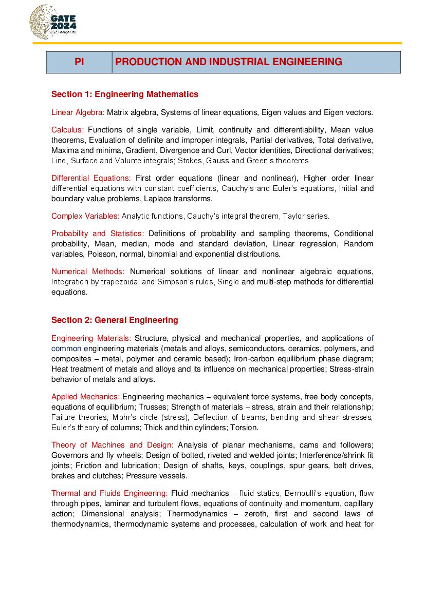 GATE 2024 Syllabus for Production & Industrial Engineering - Page 1