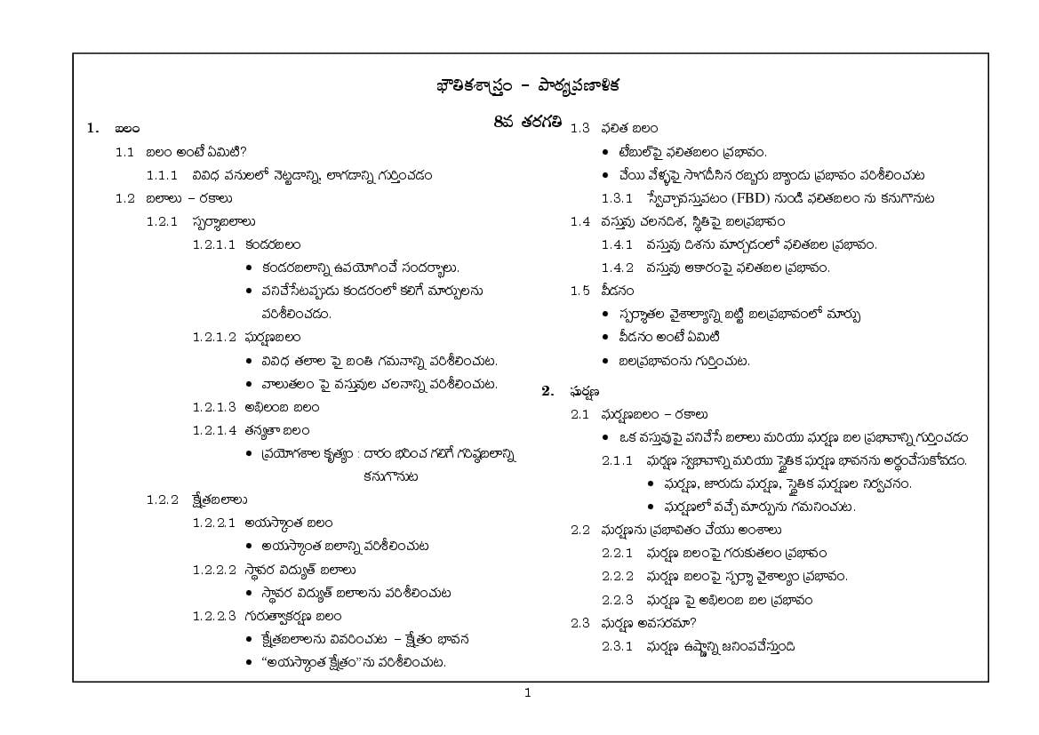 Telangana Class 8 Syllabus 2023 Science (Physical) (Telugu Medium) - Page 1